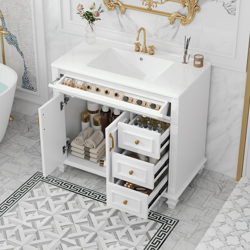 Meuble-lavabo de salle de bain avec lavabo, tiroir rabattable, 3 tiroirs et tablette réglable, White