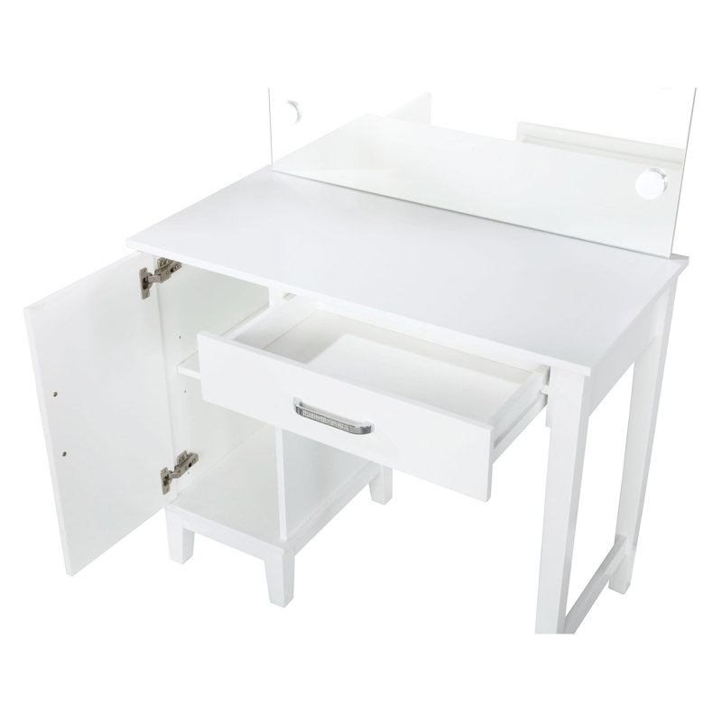 Dark Grey And White Vanity With Stool, Drawer Storage Hidden Side Cabinet, 36 Inches Wide, 51.33 Tall, 19 Deep