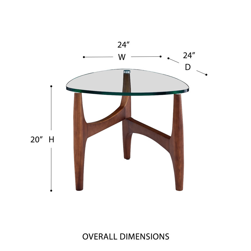 Triangular Clear Glass and Walnut End Table