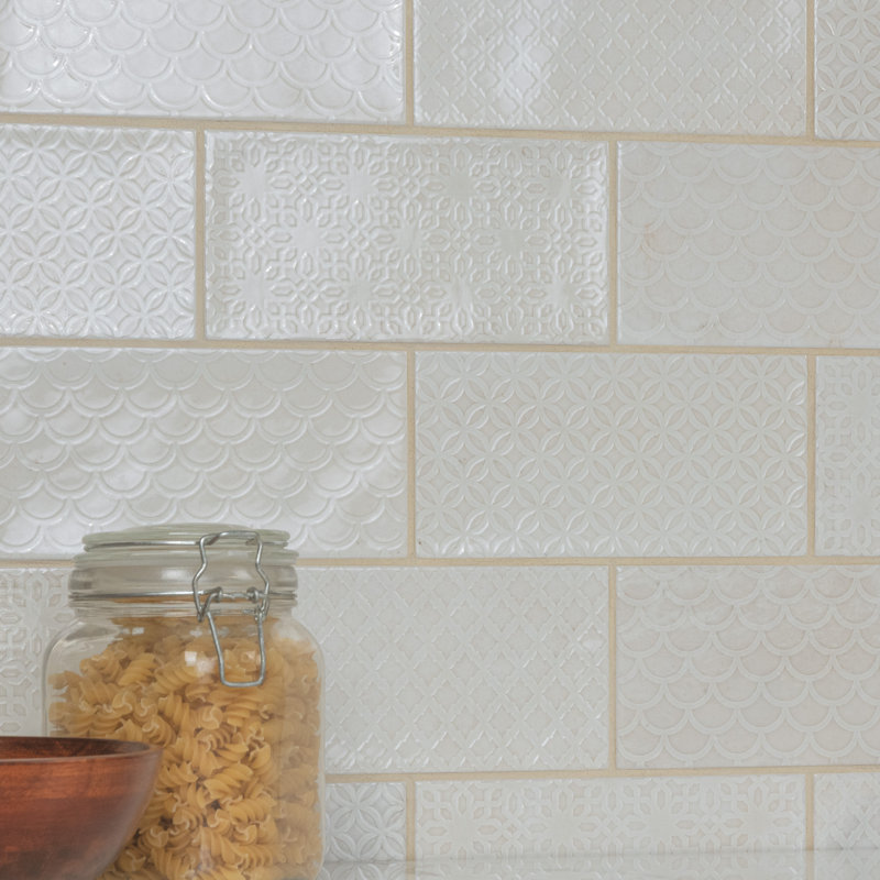 Camden 8" x 4" Ceramic Patterned Subway Tile, Antique Bianco