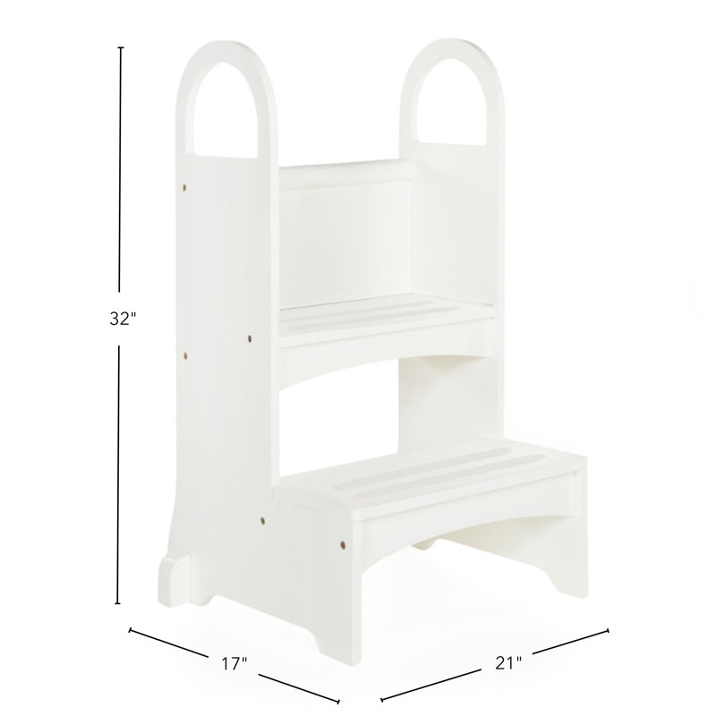 White Wooden Two-Step Stool with Handles and Non-Slip Treads