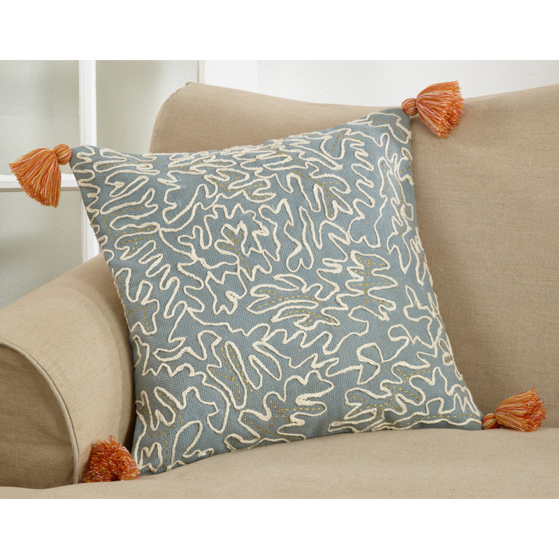22" Blue and White Cotton Tasseled Pillow