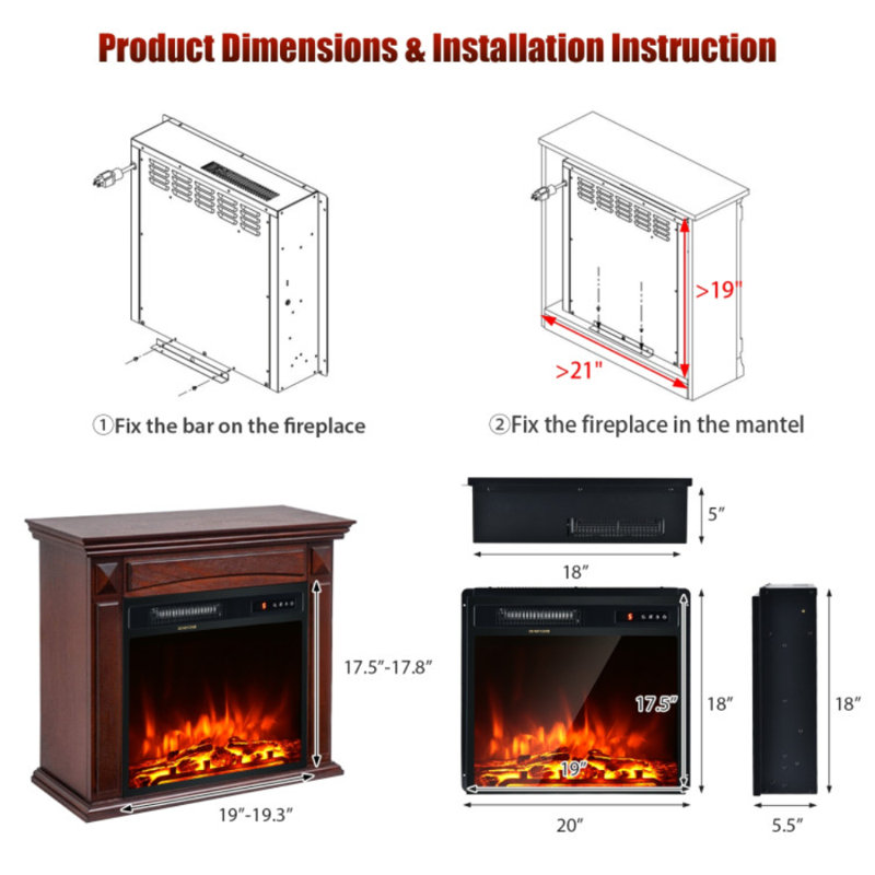 18 in. Electric Fireplace Insert with 5 Brightness Levels, Timer, Overheating Protection, Overheating Protection