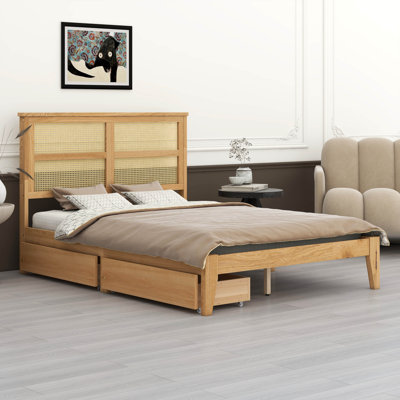 Bed With Rattan Headboard, Two Storage Drawers & Rubber Wood Frame – Enhanced Support Slats & Feet Included