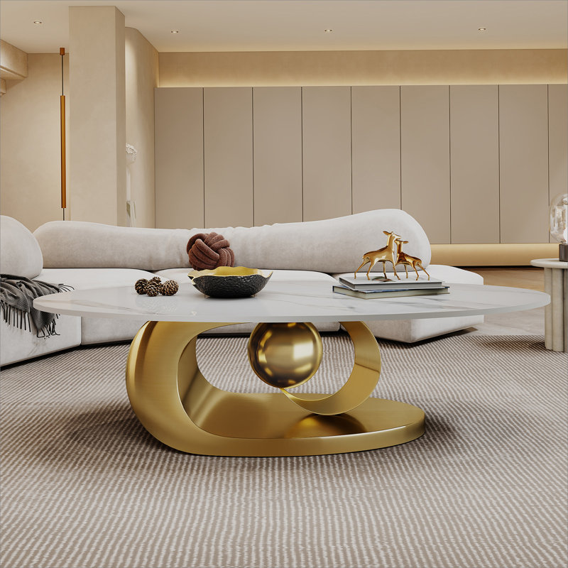 Table basse en marbre avec base sculpturale en acier inoxydable, Doré