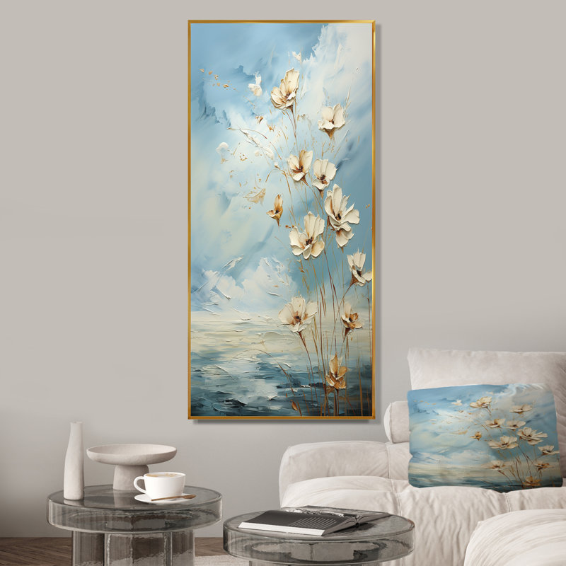 Encre liquide blanche et bleue III - Fleurs, art mural, Cadre flottant doré, H 44 po x l 34 po