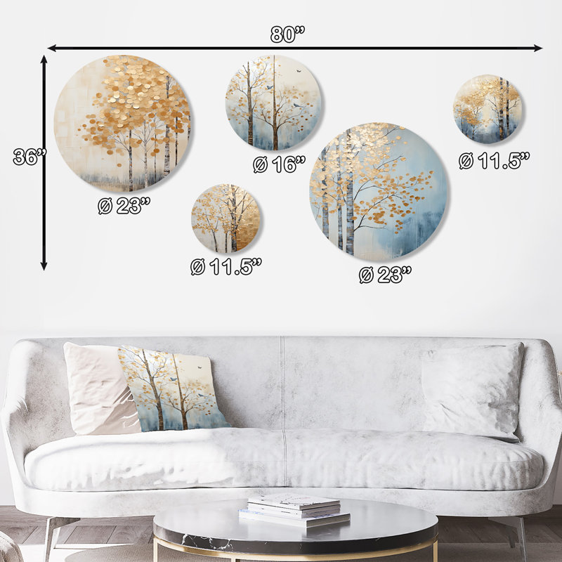 Minimalisme «Golden Trees Harmony» - ensemble d'art mural rond 5 arbres