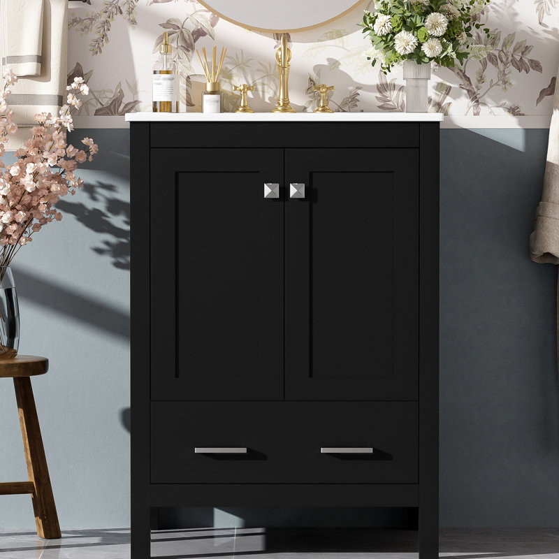 24 - Inch Black Bathroom Vanity With Single Sink, Double Door Storage, Drawer Divider, Soft Close Hinges, And Frame For Upgrades Undermount Ceramic 2 Doors, 1 Drawer, Layer Shelf, Stylish Handles