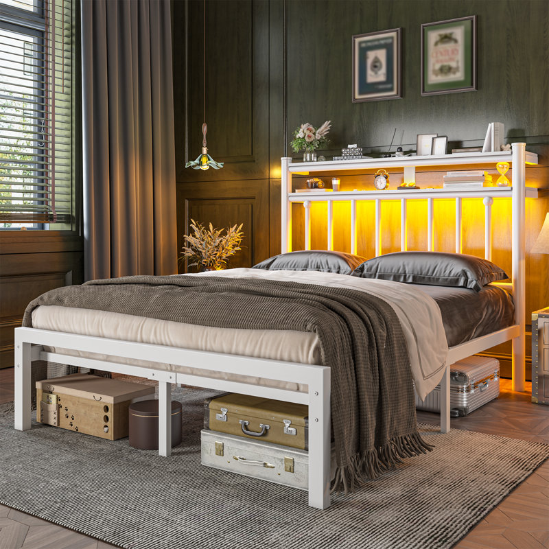 Metal Bed Frames With 2-Tier Storage Headboard And LED Light,No Box Spring Needed, Noise-Free,Easy Assembly, Full, White