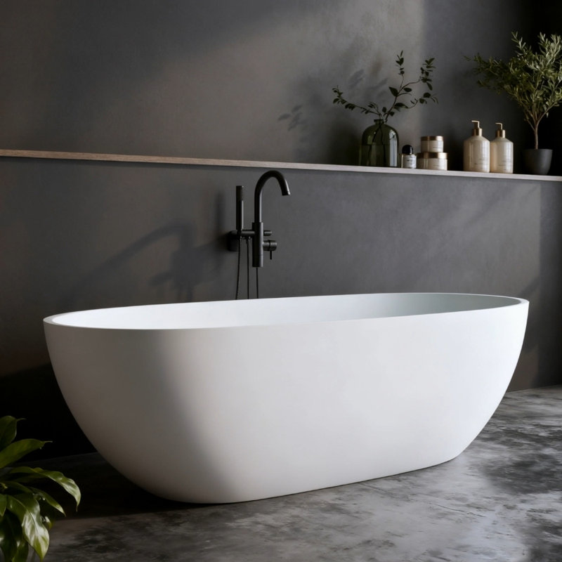 Baignoire de trempage à surface solide avec bord épais, conception autoportante et bonde escamotable pour une expérience de bain luxueuse