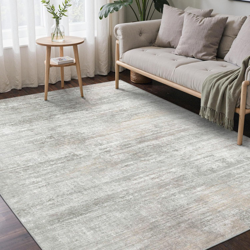 8X10 Machine Washable Area Rug Non-Slip Low Pile Abstract Light Grey Beige Soft Carpet For Living Room Bedroom