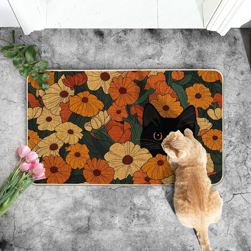 Tapis d'intérieur / extérieur à profil bas Black Cat Flowers