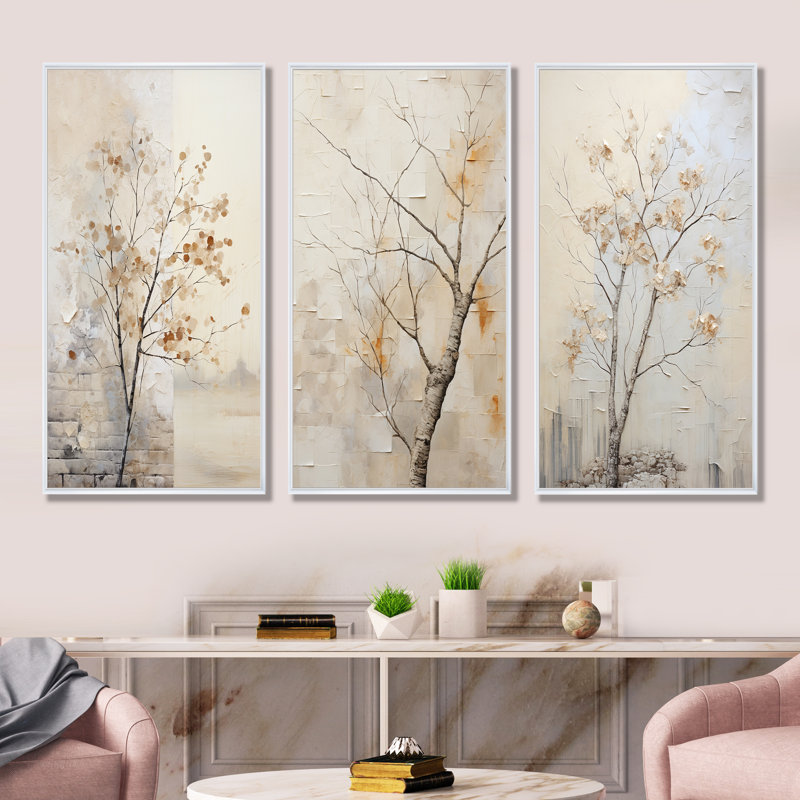 Minimalisme sycomore arbre paysage - arbre sycomore toile ensemble d'art mural de 3, Cadre flottant blanc, H 28 po x l 36 po