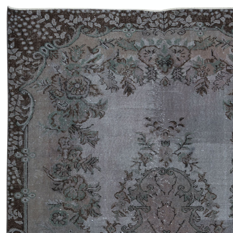 Tapis noué à la main 5,6 x 9 pi avec médaillon floral, tapis turc moderne gris pour la décoration de salon