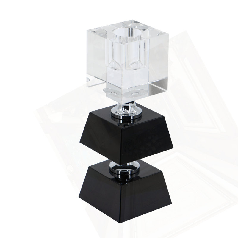 2.4X2.4X5.9" Black And Clear Two Tiered Square Candle Holder