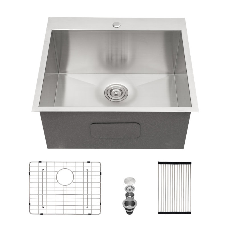 Single Bowl Stainless Steel Kitchen Sink, Brushed, 18, 12" H x 22" W x 25" L