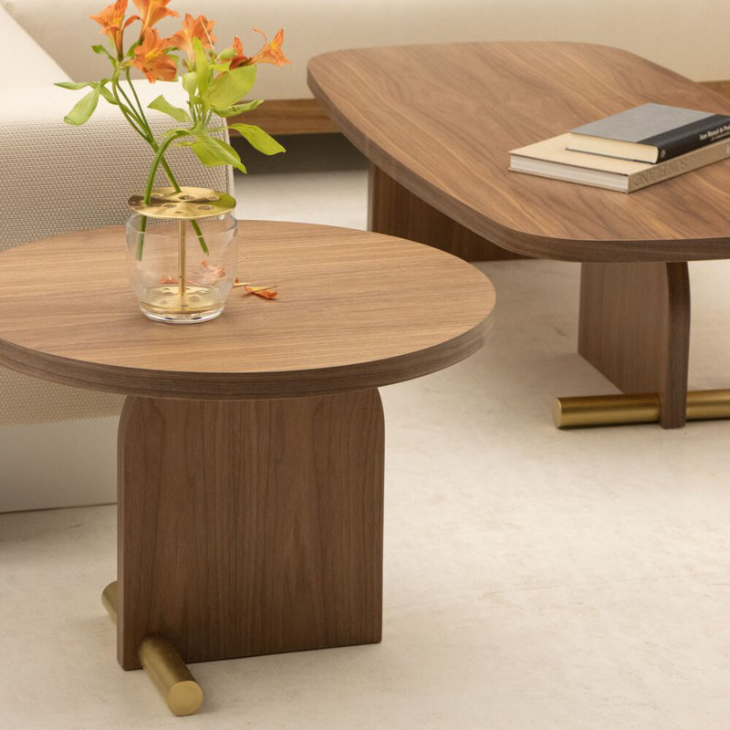 Walnut Oval Solid Wood Coffee Table with Metal Accents