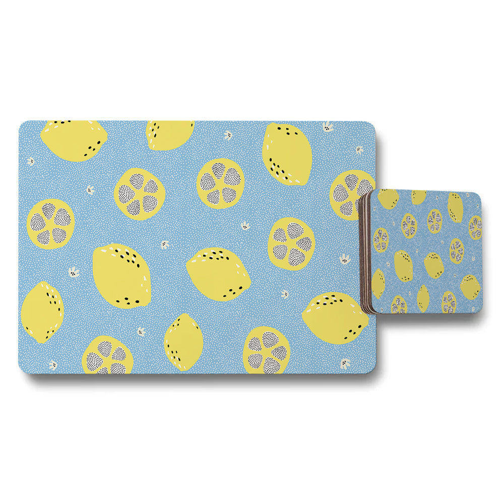 Lemon Pattern Placemat and Coaster Set in Blue Background