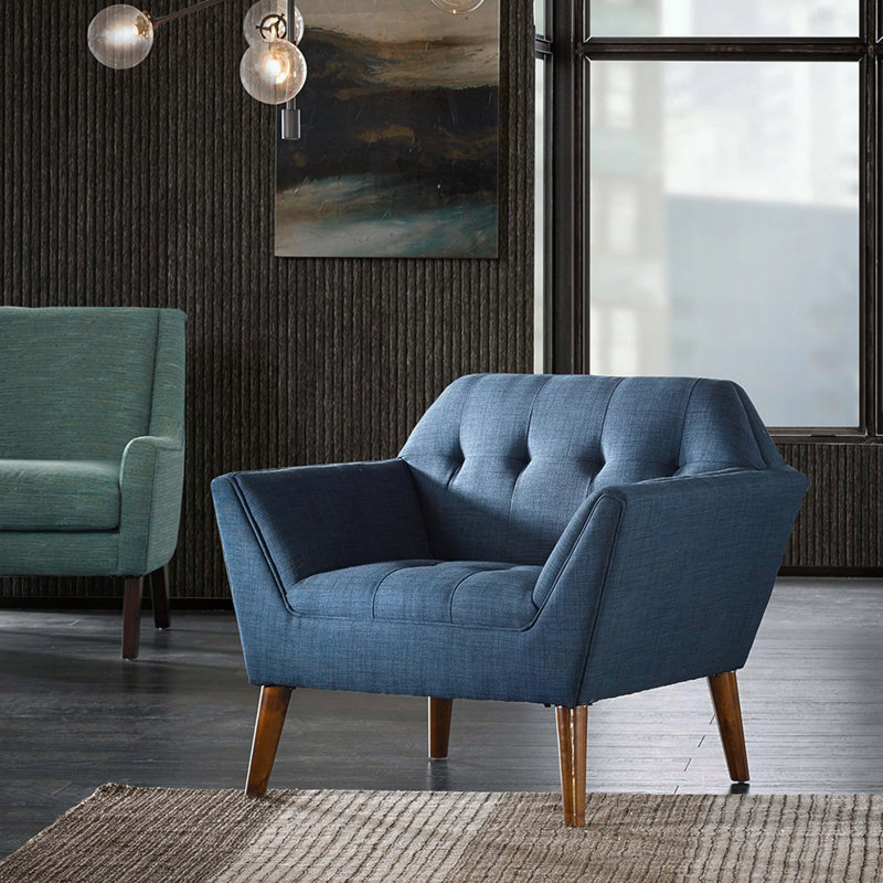 Méridienne Mid-Century moderne - capitonnée - pieds pacane, Bleu