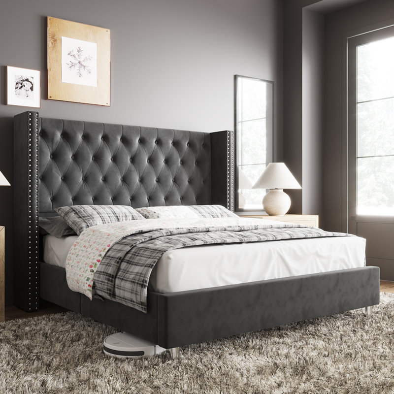 Duluth Upholstered Wingback Bed, Queen, Navy