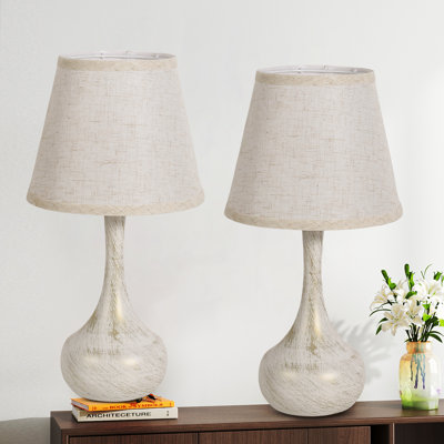 17" Tall Elegant White & Gold Teardrop Table Lamp With Beige Fabric Shade, 2 Led Bulbs Included