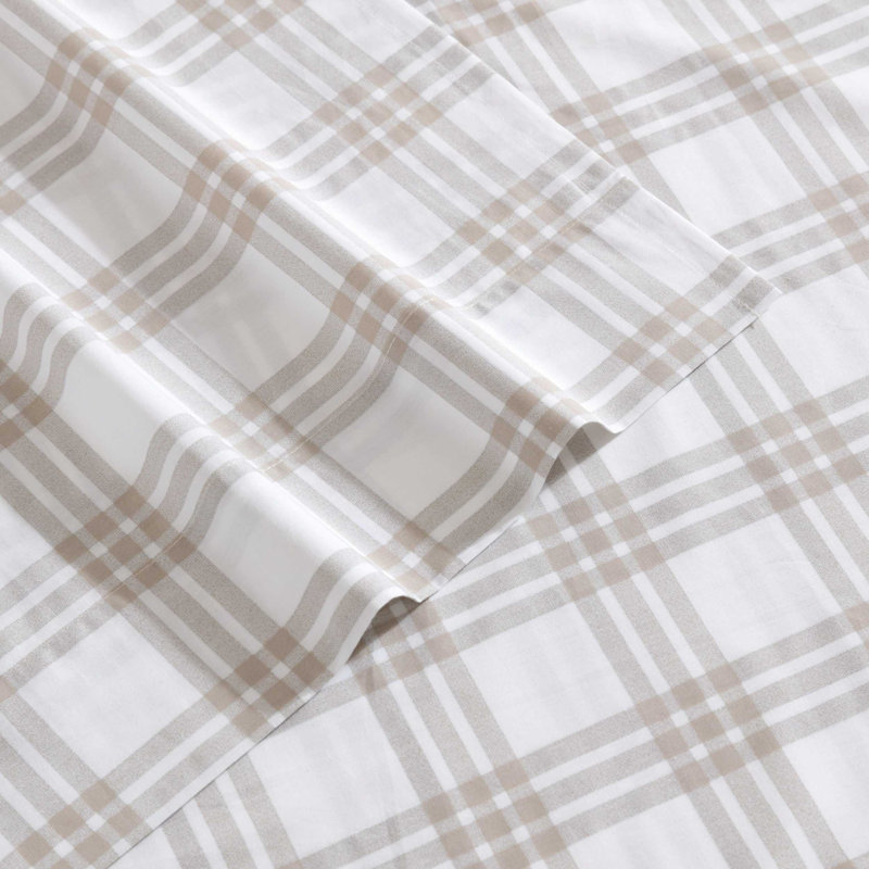 Eddie Bauer Printed Percale Cotton Sheet Set, Queen Sheet Set with 2 Pillowcases, Basic Plaid Beige
