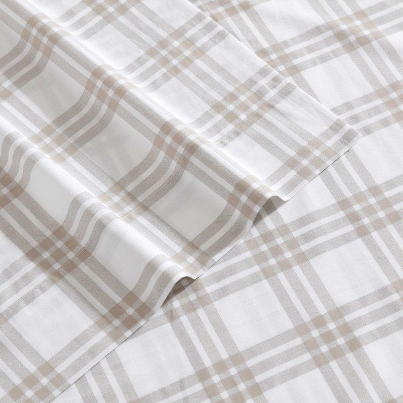 Shasta Lake Cotton Percale Standard Sheet Set, Queen Sheet Set with 2 Pillowcases, Basic Plaid Beige