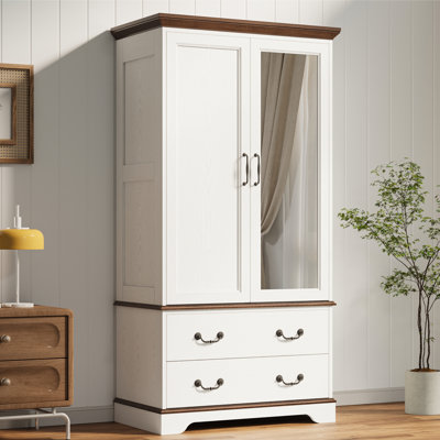 Armoire Wardrobe Closet With Mirror, 70.1" Wooden Clothing Storage Cabinet With 2 Doors & 2 Drawers, Modern Bedroom Freestanding Wardrobe Combination by Ophelia & Co.