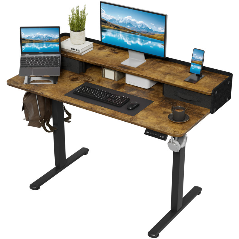 Bureau électrique debout à 2 tiroirs, bureau d'ordinateur à hauteur réglable, Brun / Noir, 47" W X 24" D