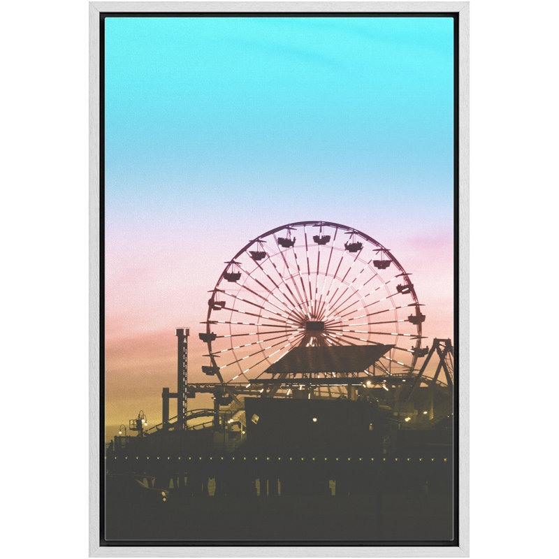 Signature signée, impression sur toile encadrée, grande roue à la jetée au crépuscule, photographie de plage, art moderne, nautique, paysage, coloré, ultra pour le salon, la chambre à coucher, le bureau - 24 po x 36 po - blanc