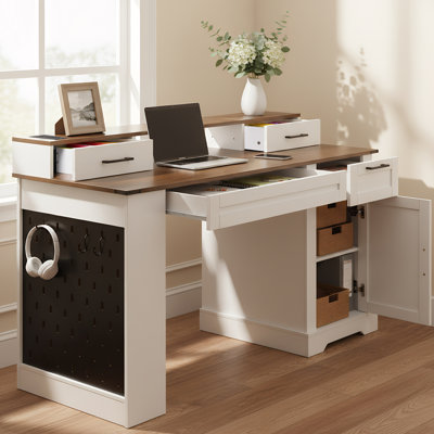 Bureau blanc de 55 po avec rangement, plateau à clavier et charnières à fermeture en douceur pour une gestion rapide et facile des articles lors de la récupération des emplacements d'étude