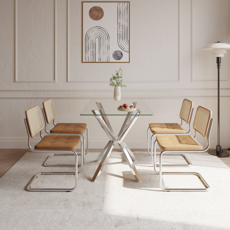Table de salle à manger rectangulaire en verre trempé de 47,24 po avec pieds en métal, Clair, Argent argent
