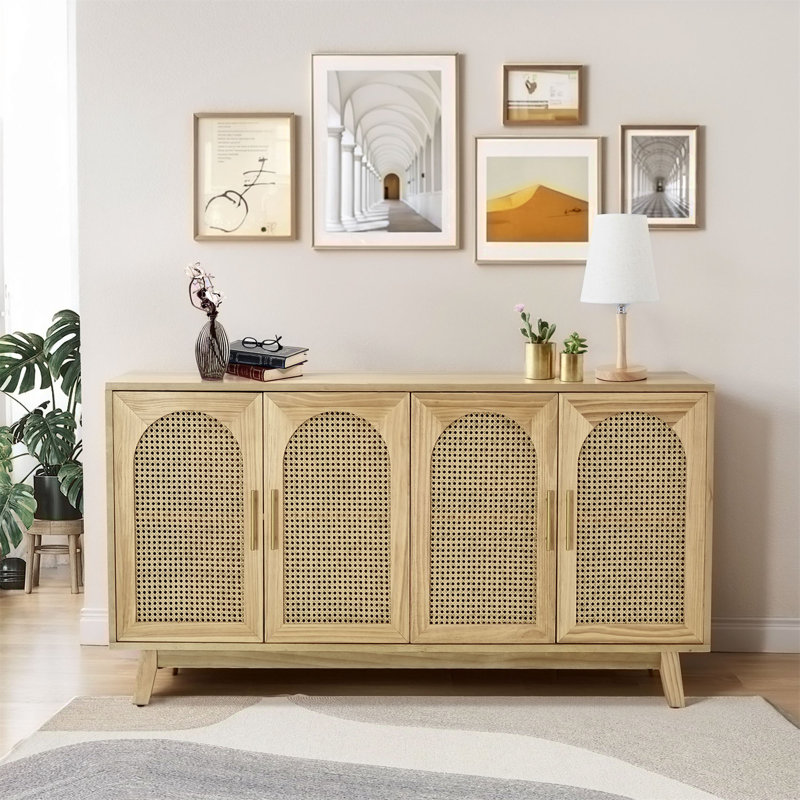Armoire moderne à 4 portes avec portes décoratives en rotin, Naturel