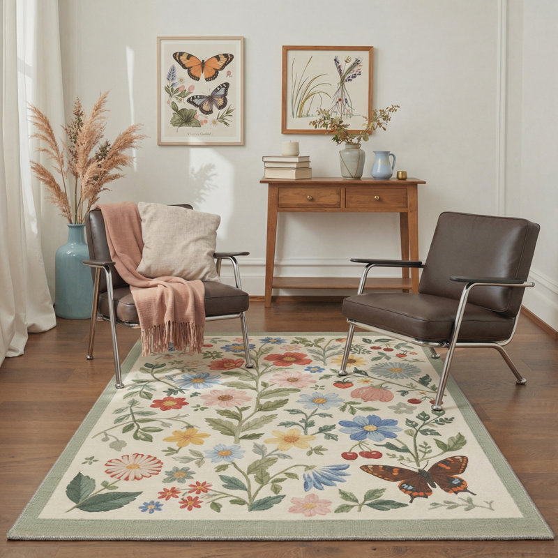 Aura Floral Machine Washable Pink / Green / Blue / Beige Indoor Area Rug with Non-Slip Backing, Rectangle 6' x 9'