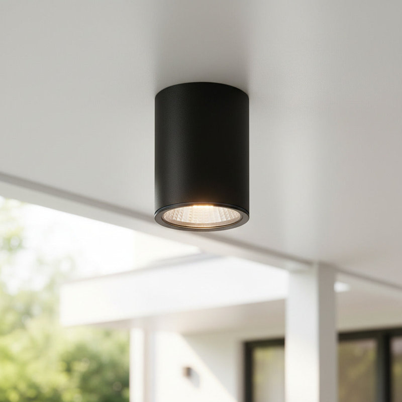 UltraBeam Round Black Outdoor Surface Mounted Ceiling Downlight - IP65 Waterproof, 14cm H x 10.2cm W x 14cm D
