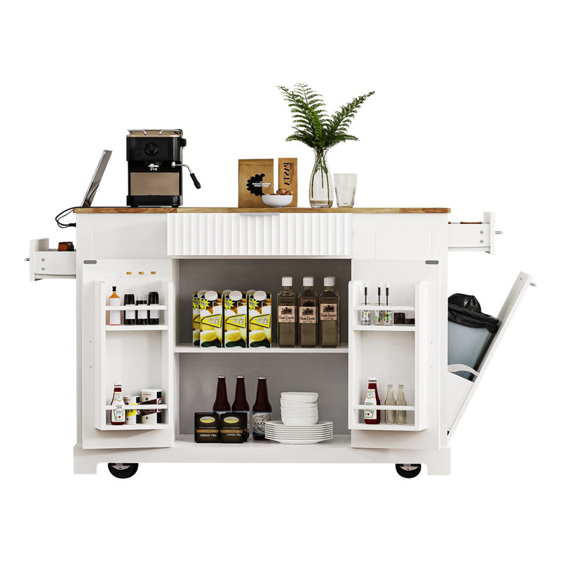 Fluted Kitchen Island With Trash Can Storage, Power Outlet, And Rolling Mobility For Modern Kitchens., White