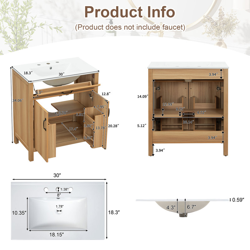 30" Wood Bathroom Storage Vanity With Solid Wood Frame, 30"