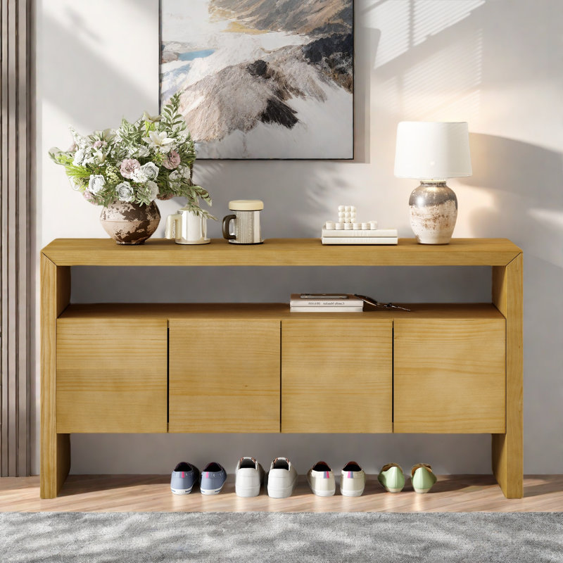 Modern 4-Door Console Table With Open Shelf And Natural Wood Grain, Natural