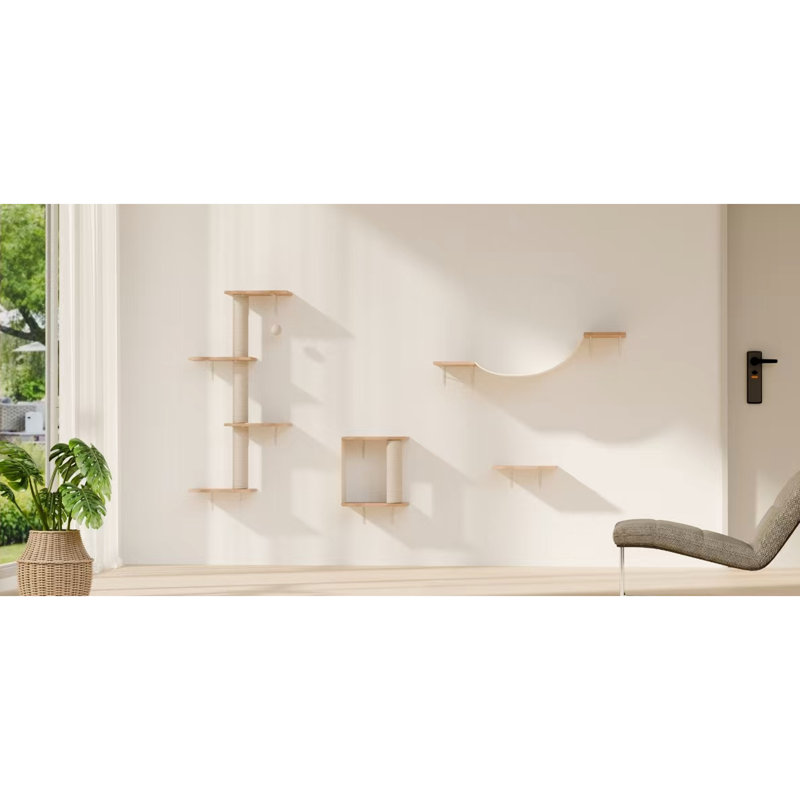 Ensemble de meubles pour chat 4 pièces avec pont, marches et arbre en corde, tissu doux et ajustable, Brown