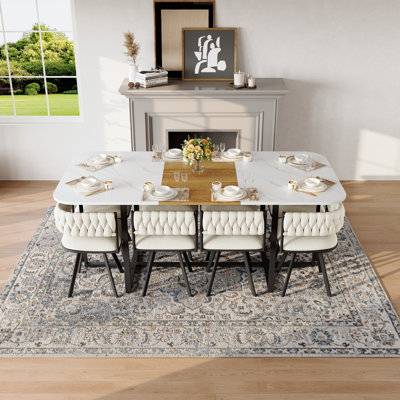 9-Piece Rectangular Dining Table Set, Fixed White Faux Marble & Wood Grain Triamine Tabletop with 8 Beige Velvet Chairs, Modern Kitchen Table Set or 8