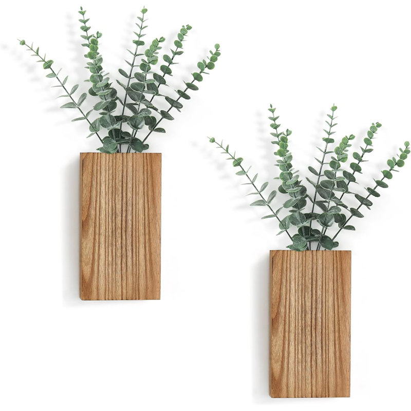 Ensemble de 2 vases à fleurs en bois avec eucalyptus artificiel pour maison de campagne
