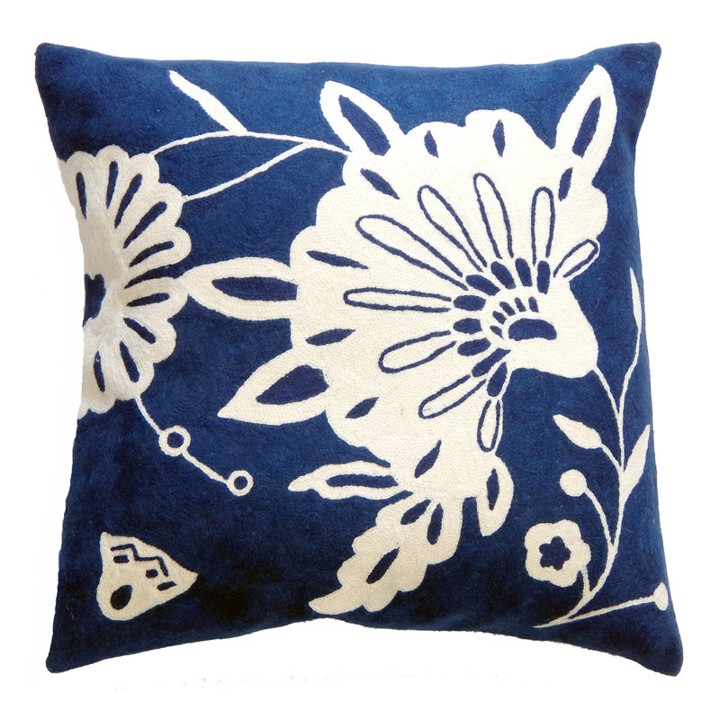 Fibre By Auskin Crewel Cotton Cushion FLORAL Square, Blue/White