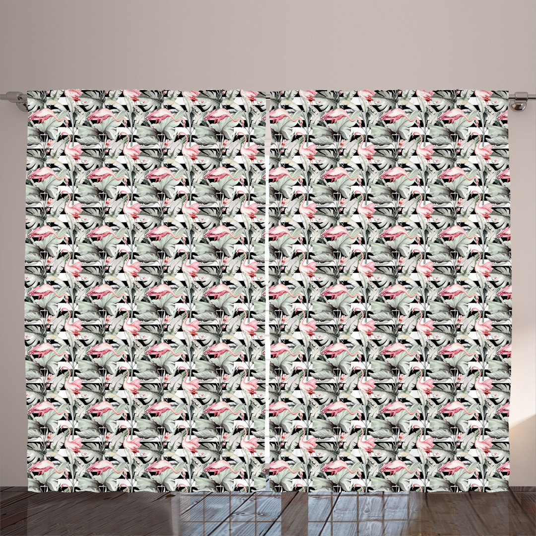 Rustic curtain, flamingo exotic leaves art, tropical, sage green