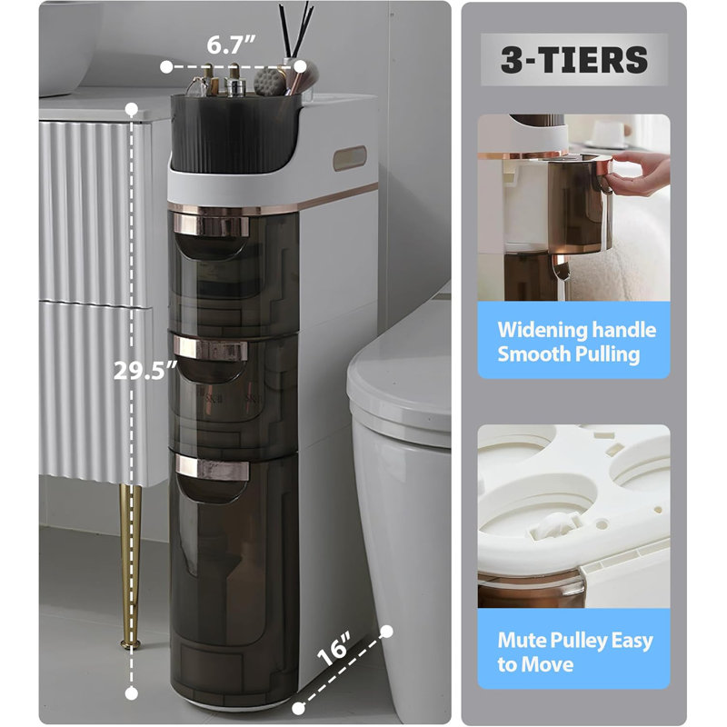 3-Tiers Slim Bathroom Storage Cabinet, Waterproof Narrow Floor Cabinet With Tissue Box And Wheels, Skinny Storage Organizer With Drawers For Small Spaces, Bathroom, Kitchen, Bedroom, 6.7?