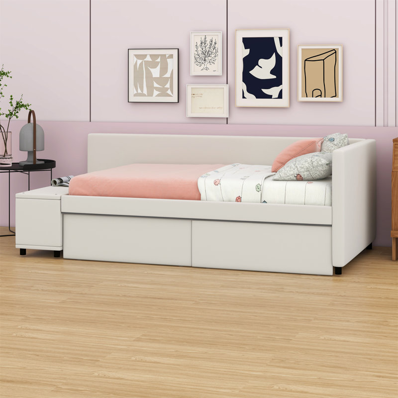 Lit plateforme tapissier en L avec rangement et tiroirs, Beige