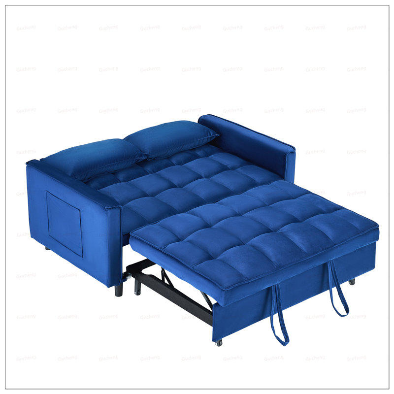 Modern Velvet Loveseat Futon Sofa with Reclining Backrest, Toss Pillows, Pockets, and Convertible Sleeper Function for Living Room