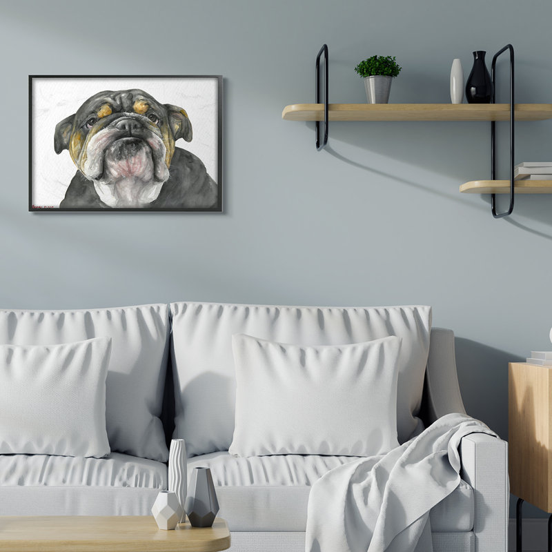 Charme de vieux chien Chubby Bulldog noir et brun, Giclée encadrée noir minuit, H 24 po x l 30 po
