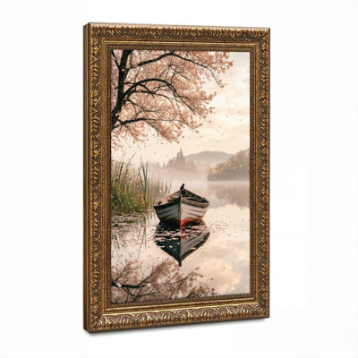 Art mural en toile noyer doré encadré pour le salon, la chambre à coucher, le bureau ou le vestibule - Décoration murale décorative avec reflet de bateau