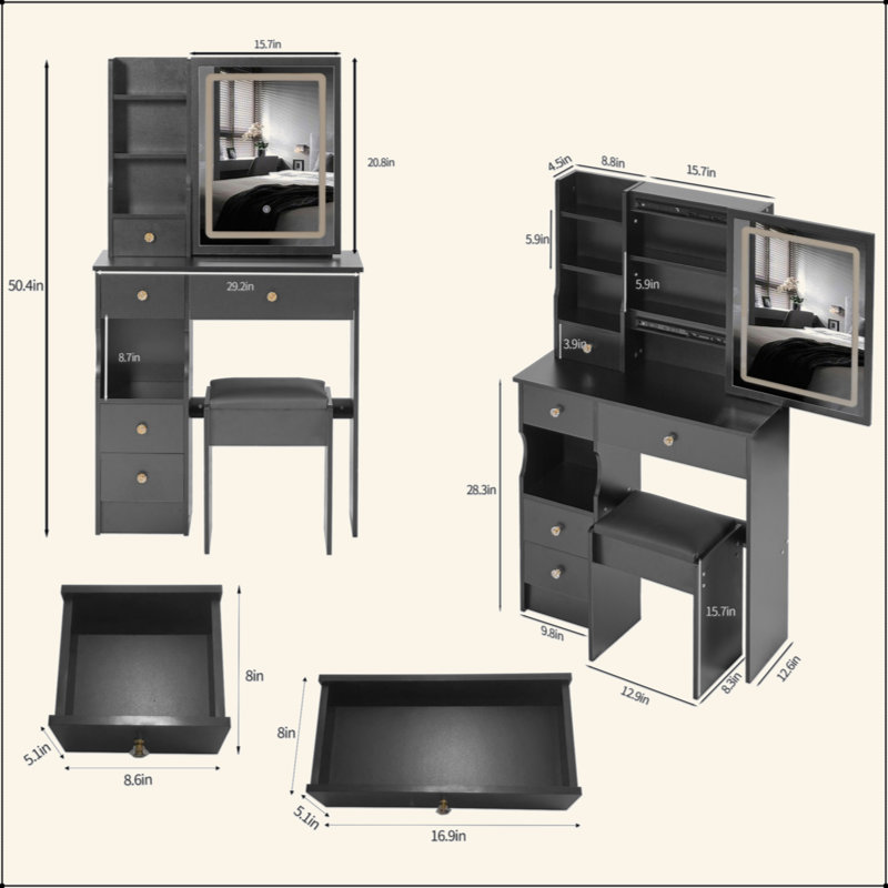 Small Size Left Drawer Desktop Vanity Table + Cushioned Stool, Touch Control Sliding LED Mirror, Tri-Colour Switching, Brightness Adjust, Multi Layer, Suitable For Small Space, EPA,GCC,UL Certificate