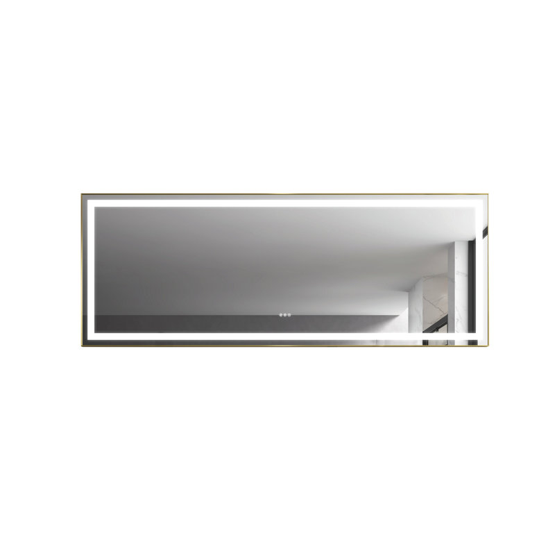 Miroir de salle de bain 96 po x 36 po à DEL, brouillard, 3 réglages de couleur, gradation continue, fixation murale, cadre en aluminium, miroir de robustesse doré brossé avec modes, intensité variable, décoration